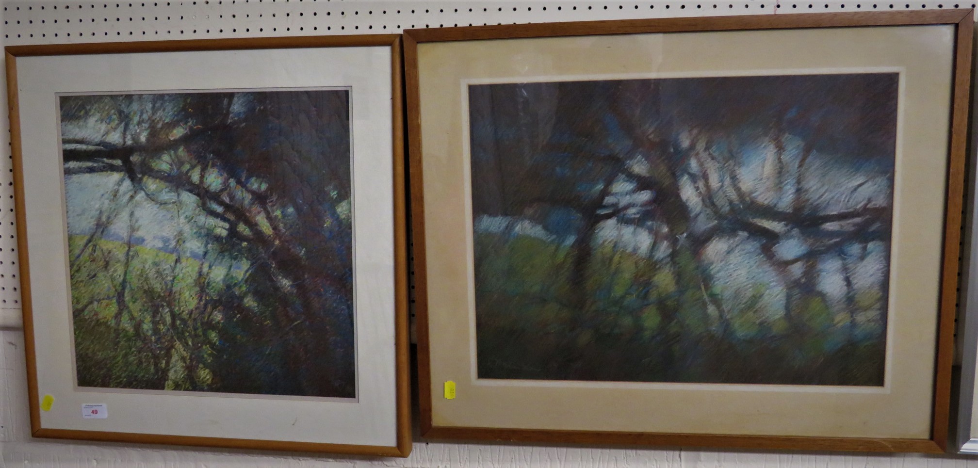 TWO FRAMED AND GLAZED PASTELS - 'OVERGROWN HEDGE' AND 'MARKED TREE IN COPSE', BOTH SINGED AND