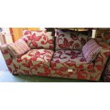 DFS TWO SEATER SOFA IN GREY AND PURPLE FOLIATE PATTERN UPHOLSTERY (WIDTH APPROXIMATELY 200CM) WITH