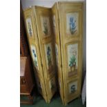 PAINTED FOUR PANEL FOLDING WOODEN ROOM DIVIDER OR DRESSING SCREEN WITH PAINTED FOLIATE DECORATIVE