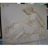 PLASTER WALL PLAQUE IN LOW RELIEF DEPICTING CLASSICALLY DRAPED WOMAN WITH FLORAL GARLANDS AND