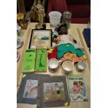 SELECTION OF VINTAGE HOME AND DECORATIVE ITEMS INCLUDING DOLLS, MARBLES LITTLE TOTS RECORDS AND AN E