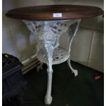 CIRCULAR PUB TABLE WITH MAHOGANY TOP AND PAINTED CAST METAL BASE MOULDED WITH MASKHEADS AND FOLIAGE
