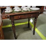 EDWARDIAN MAHOGANY SINGLE-DRAWER SIDE TABLE, THE TOP WITH A TOOLED LEATHER INSERT, FRETWORK SUPPORTS