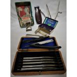 WOODEN CASED SET OF SEVEN OLD FAITHFUL STRAIGHT RAZORS, A GILLETTE ARISTOCRAT RAZOR IN METAL CASE, A