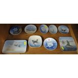 NINE SMALL ROYAL COPENHAGEN DISHES OF VARIOUS SHAPES WITH DECORATION INCLUDING SWIFTS,