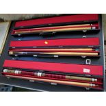 THREE TWO PART SNOOKER CUES IN CARRY CASES
