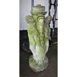 COMPOSITE STONE PLINTH OR BIRDBATH BASE WITH CLASSICAL NUDES AND FOLIAGE