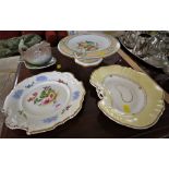 SHORTER AND SONS FISH BOAT AND STAND, COMPORT WITH PEACH MOTIF, PALE YELLOW LOBED DISH, AND PLATE