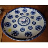 TRANSFER DECORATED CHINESE STYLE BLUE AND WHITE PLATE WITH IMPRESSED MARK TO BASE