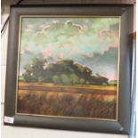 FRAMED OIL ON BOARD OF TREES IN WHEAT FIELD UNDER GREEN AND PINK SKY, SIGNED R. JENNISON