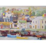 FRAMED AND GLAZED COLOUR PRINT OF QUAYSIDE TOWN WITH BOATS AND YELLOW CAR