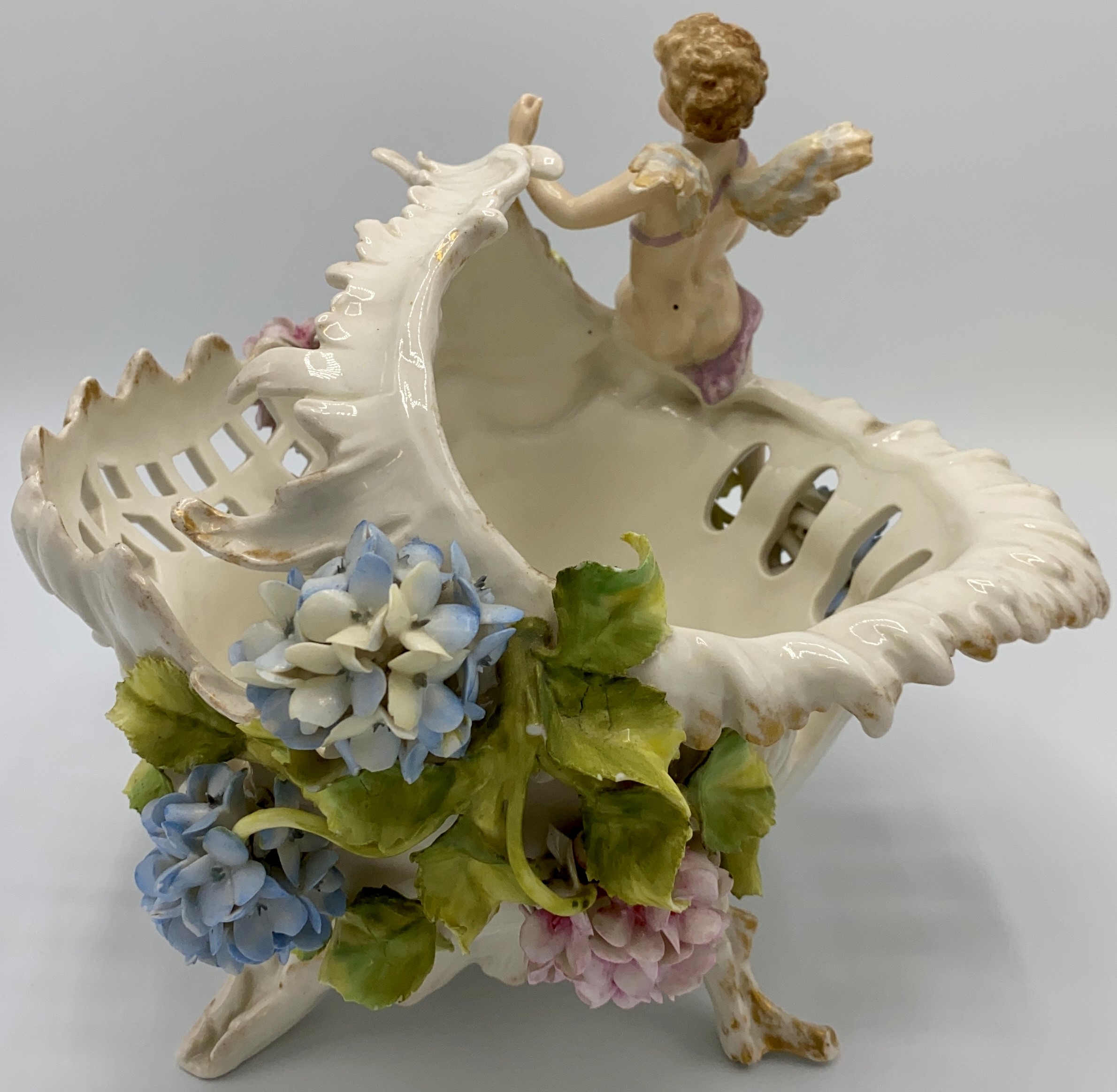 Continental white porcelain fruit basket of naturalistic form with gilding, encrusted with pink - Image 3 of 5