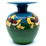 Foley Intarsio poultry vase of ovoid shape with flared neck, green and blue ground decorated with