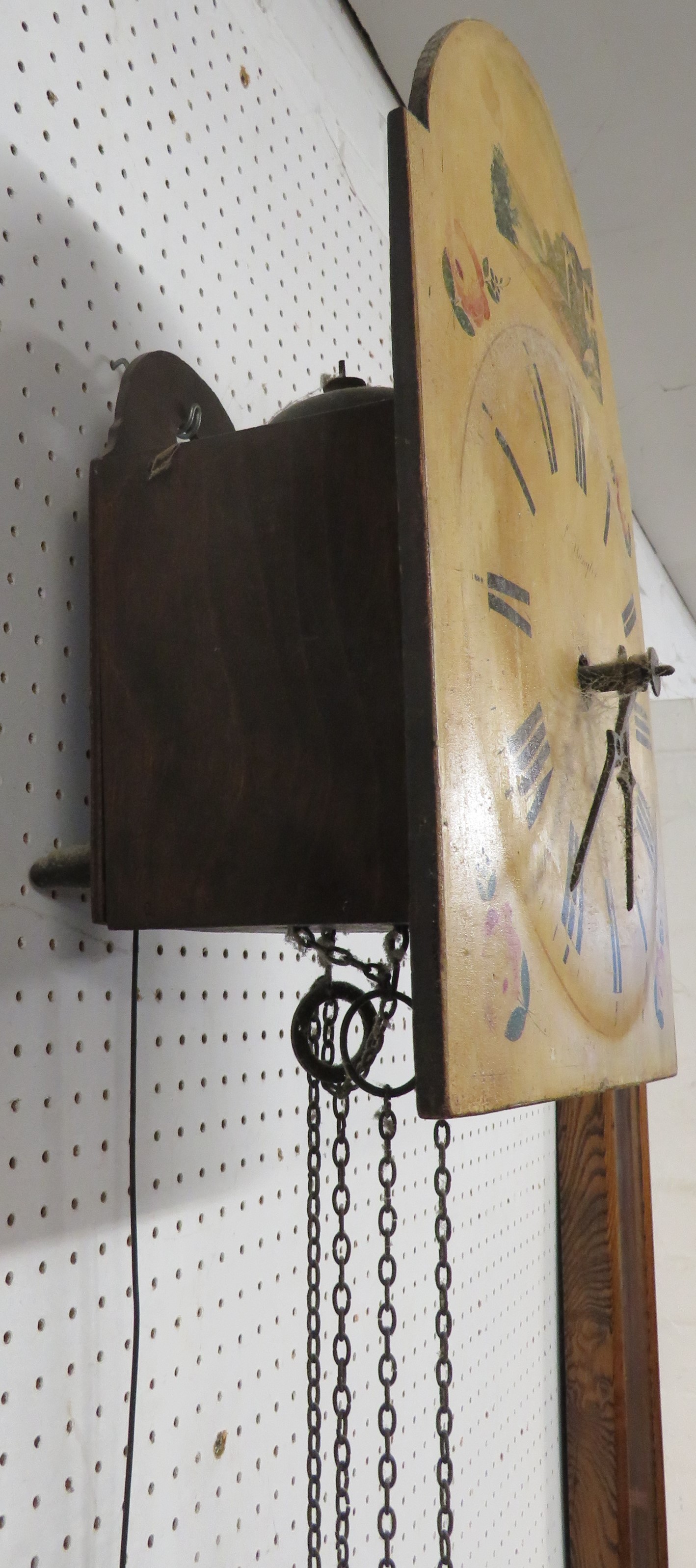 A Victorian chain driven wall clock by L Humphries (?) of Oxford. The open wooden dial has a Roman - Image 3 of 3