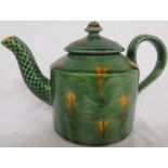 Kevin de Choisy (b 1954) studio pottery canister teapot in a green and ochre glaze with lattice