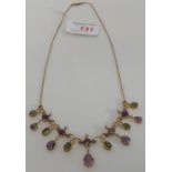 An amethyst and peridot pendant necklace - five round amethysts, five graduated pear cut
