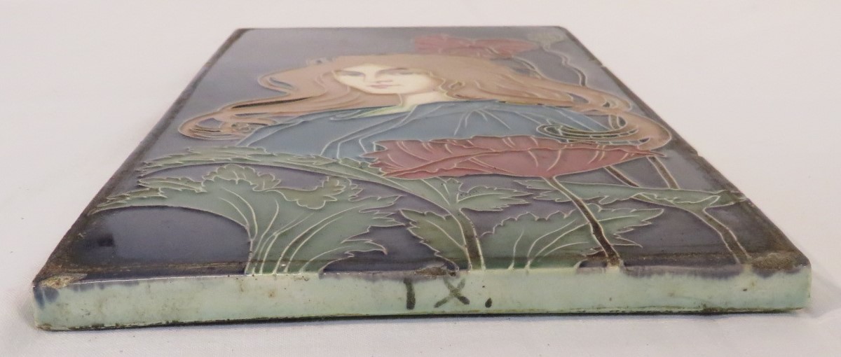 An Art Nouveau ceramic tile by Carl Sigmund Luber, depicting head and shoulders of woman in blue - Image 6 of 14