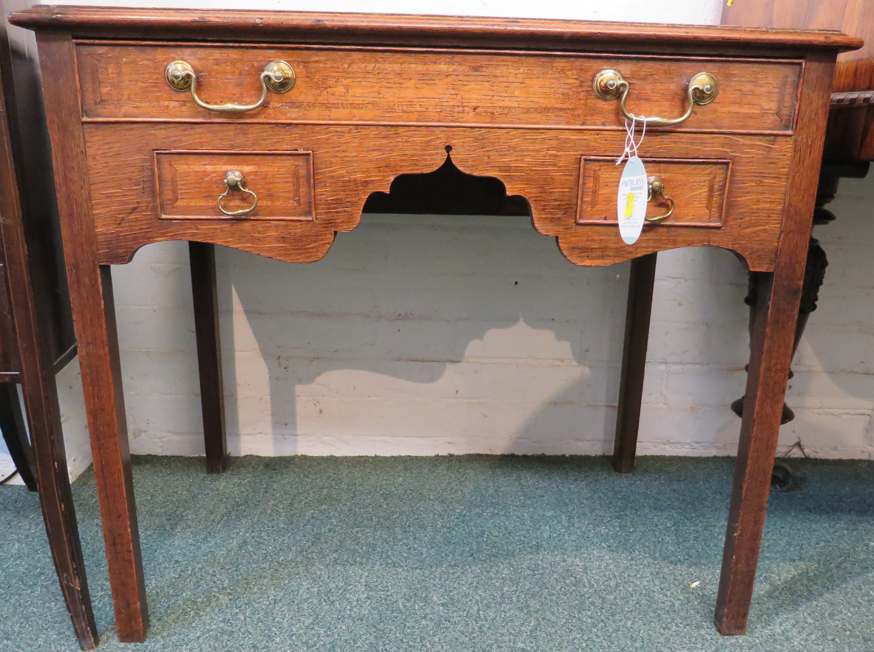 19th century banded oak desk with one long drawer over two short drawers either side of a wavy - Image 2 of 5