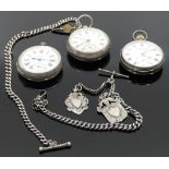 Three silver pocket watches - (1) a silver open face pocket watch, dial with Roman chapter,