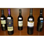 Five bottles of red wine - Ernest & Julio Gallo 2005 California Merlot 750ml,13.5%; Palacio de