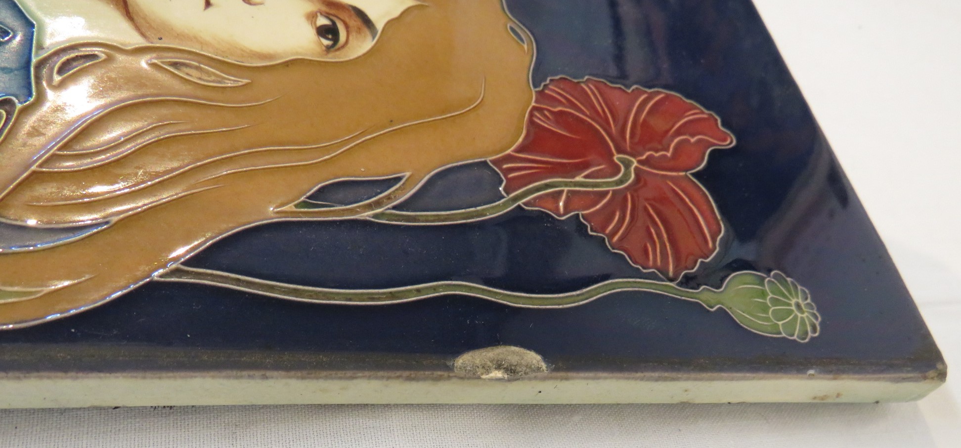 An Art Nouveau ceramic tile by Carl Sigmund Luber, depicting head and shoulders of woman in blue - Image 3 of 14