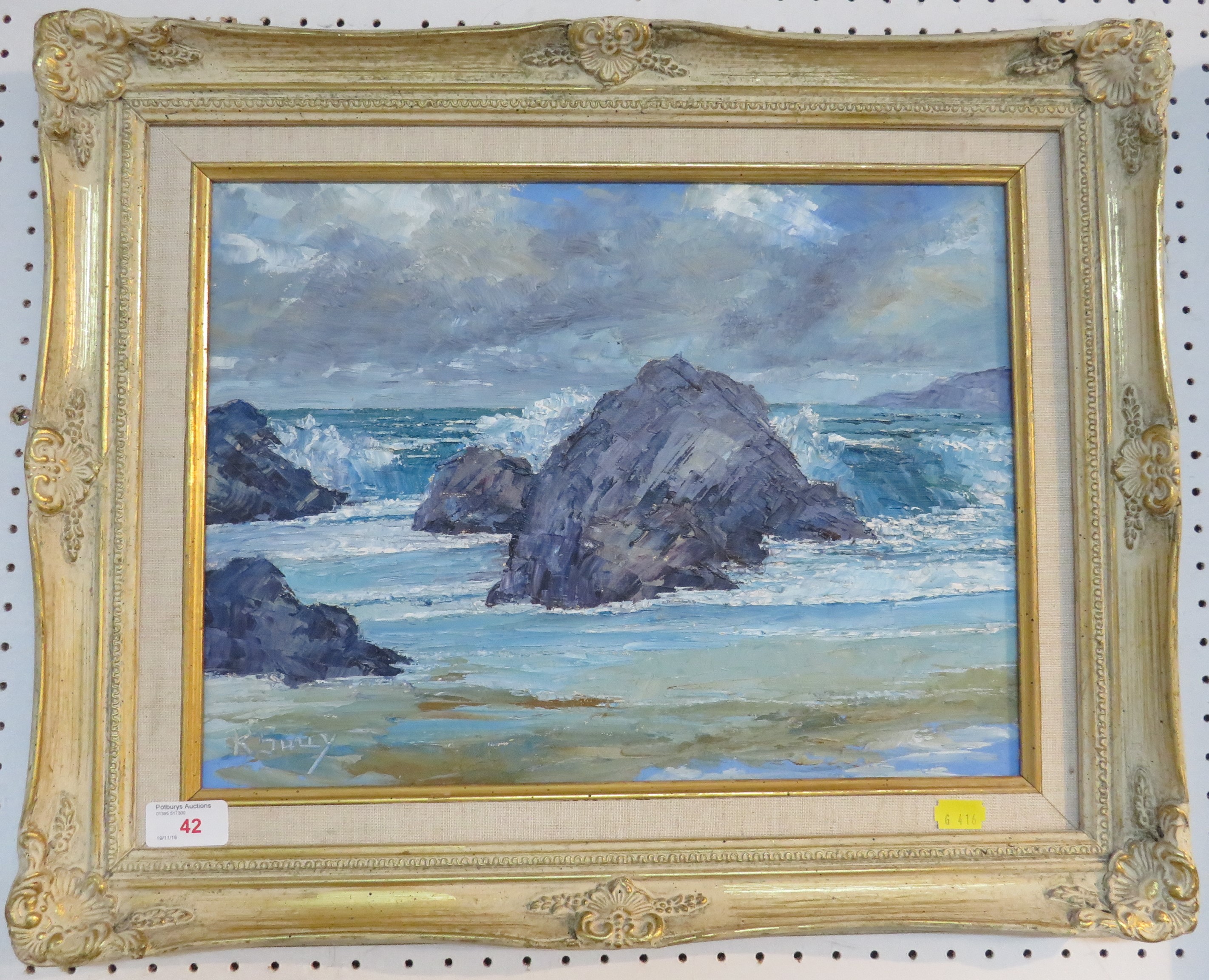K Shuy - rocky shore, oil on board, signed lower left, (29.5cm x 39cm), in a decoratively moulded - Image 2 of 2