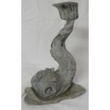 Cast lead garden ornament modelled as a scaled fish or dolphin with raised tail, height 34.5cm