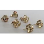Three pairs of gold earrings - a pair of two-tone 9 carat gold knot earrings (combined 3.5g), a pair