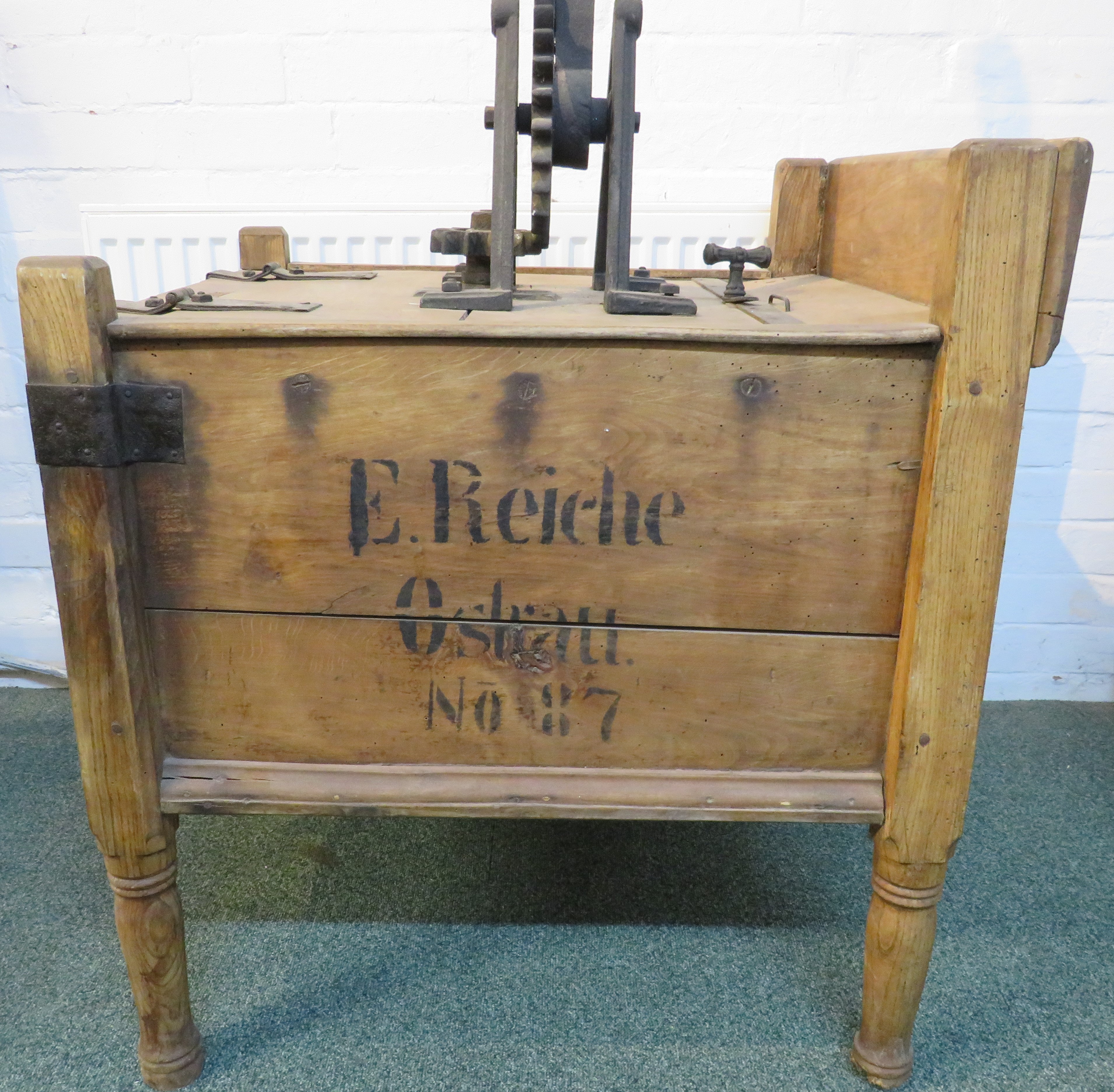 An early wooden tub washing machine fitted with a handle and gear mechanism to the lid driving a - Image 2 of 8