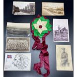 A silk rosette in Suffragette colours, together with seven postcards - steam train at station with