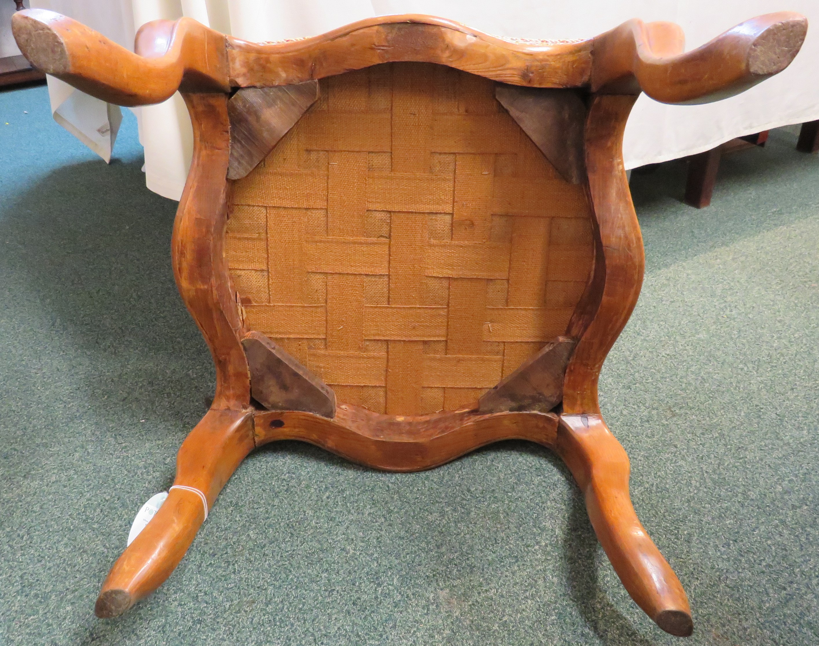 A square low stool with horsehair stuffed seat and pale foliate upholstery, walnut frame with wavy - Image 5 of 5