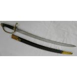 Early Victorian sword with curved fullered blade, fish skin grip and brass hilt, brass mounted