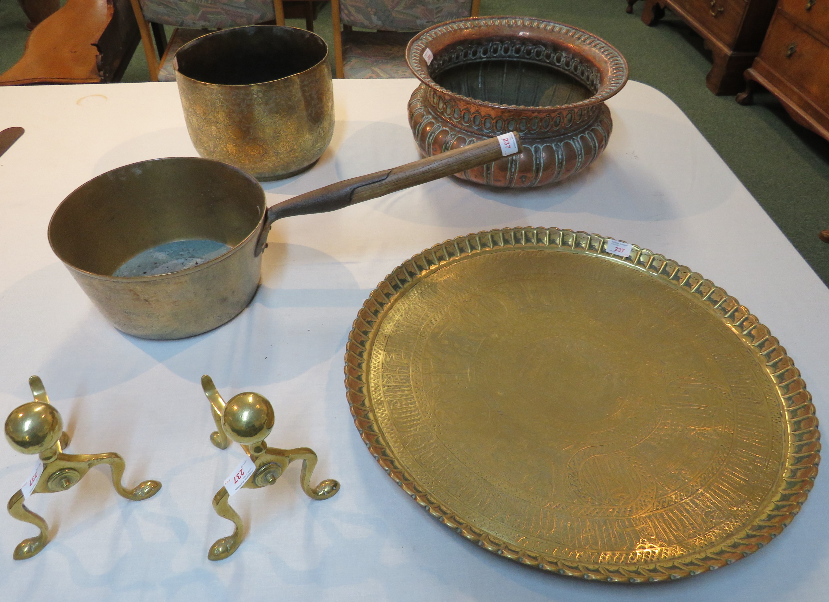 A selection of brass and copper - a circular brass tray engraved with King and Queen and
