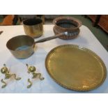 A selection of brass and copper - a circular brass tray engraved with King and Queen and