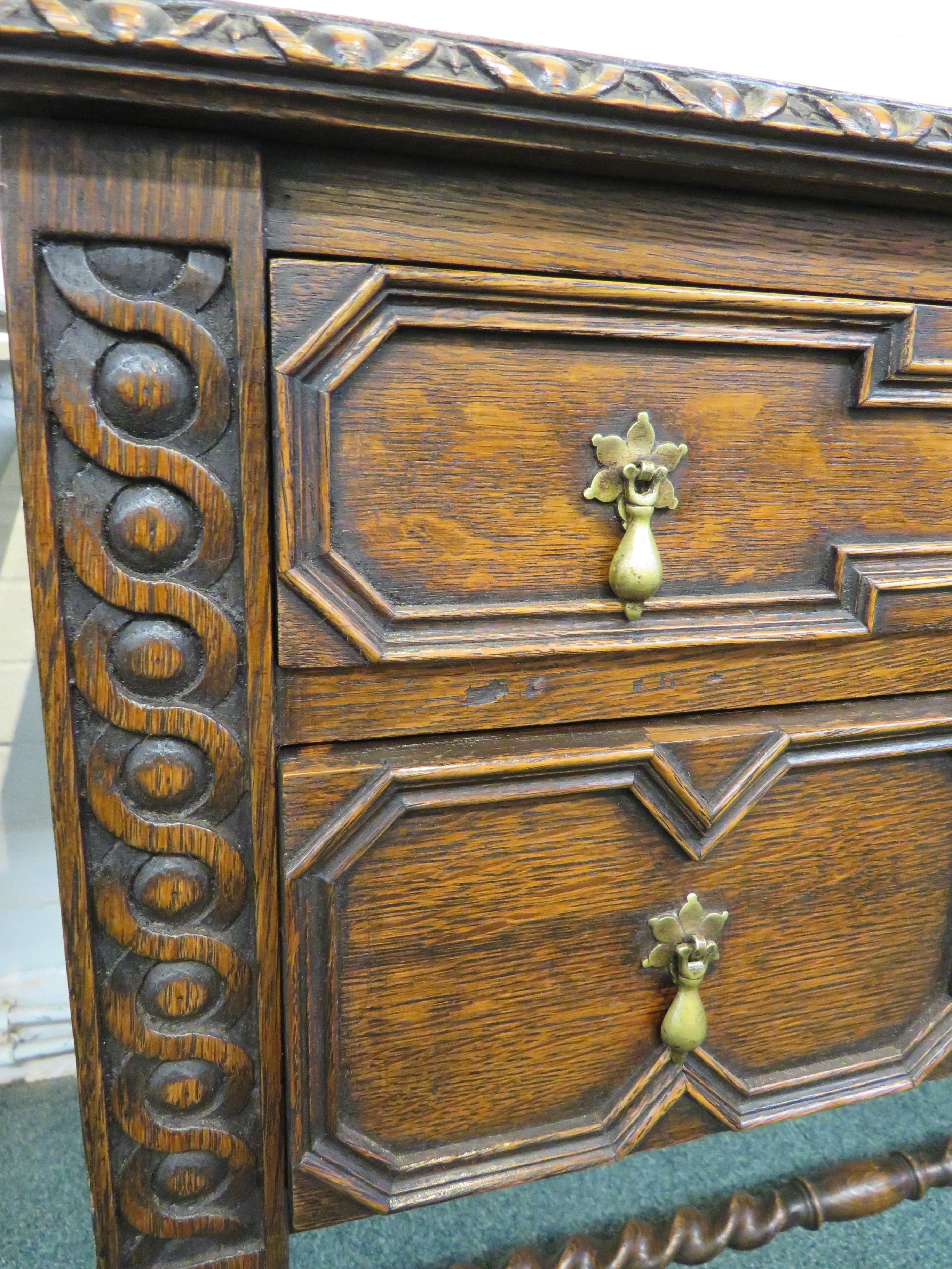 Oak desk on spiral turned legs and stretcher, the top with green leather scriber with embossed - Image 5 of 7