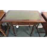 Edwardian mahogany single-drawer desk, the top with a tooled green leather scriber, fretwork