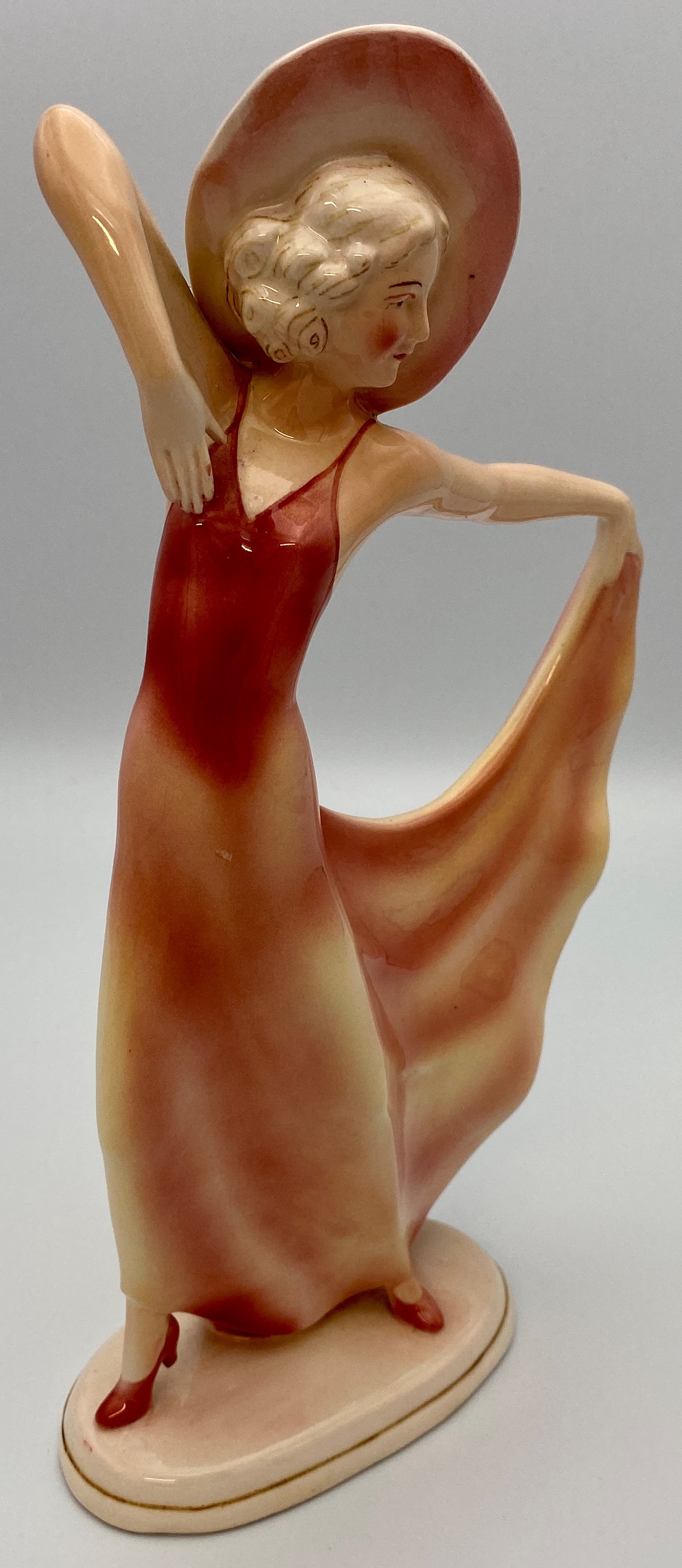 German Art Deco "Katshute" ceramic figure of woman in hat holding hem of pink dress, on oblong base, - Image 3 of 5
