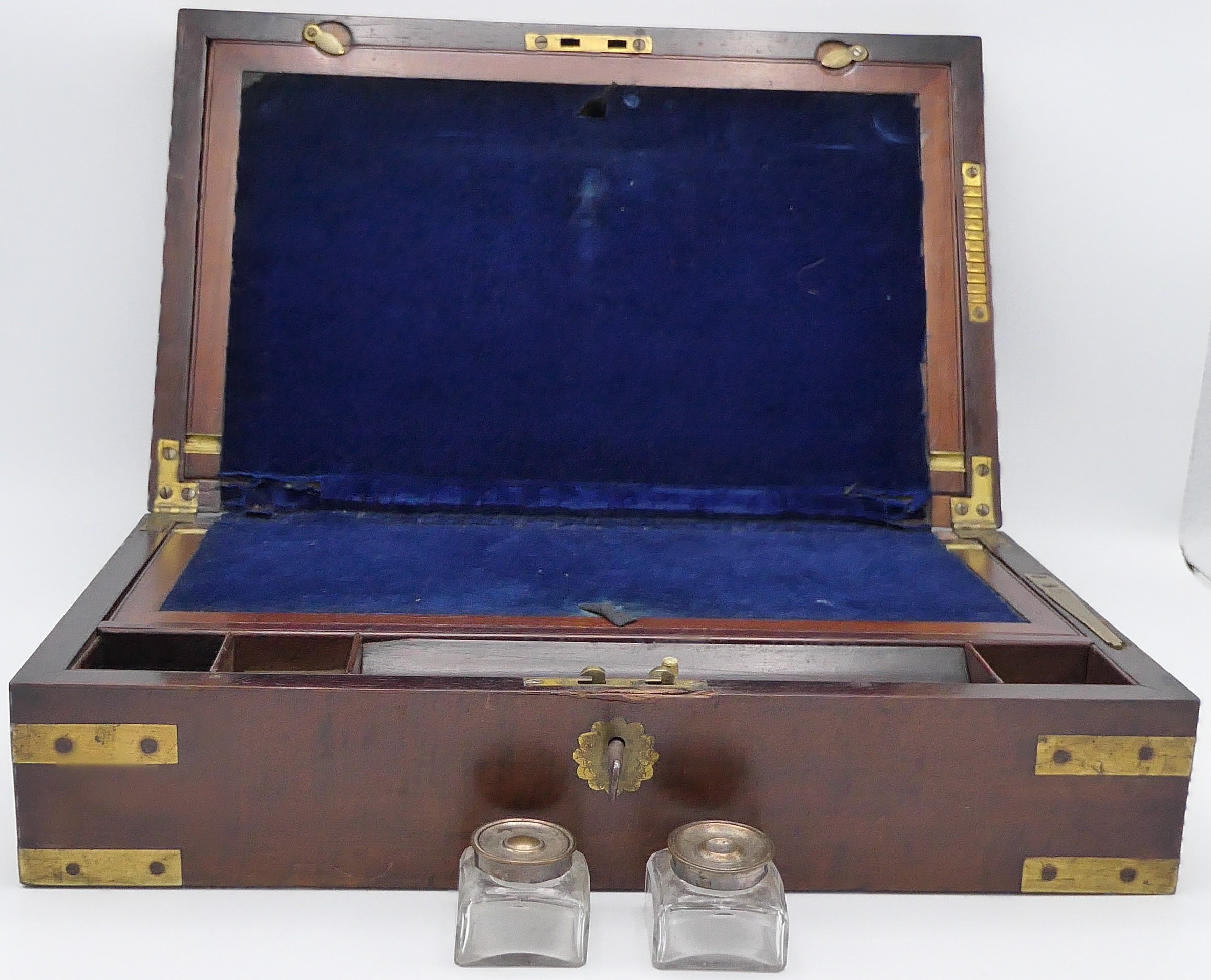 Campaign writing slope, mahogany with brass mounts and flush bracket handles, the fitted interior - Image 2 of 3