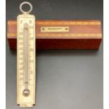 A Tunbridge ware desk thermometer, the silvered metal scale graduated in Fahrenheit and Reaumur, the