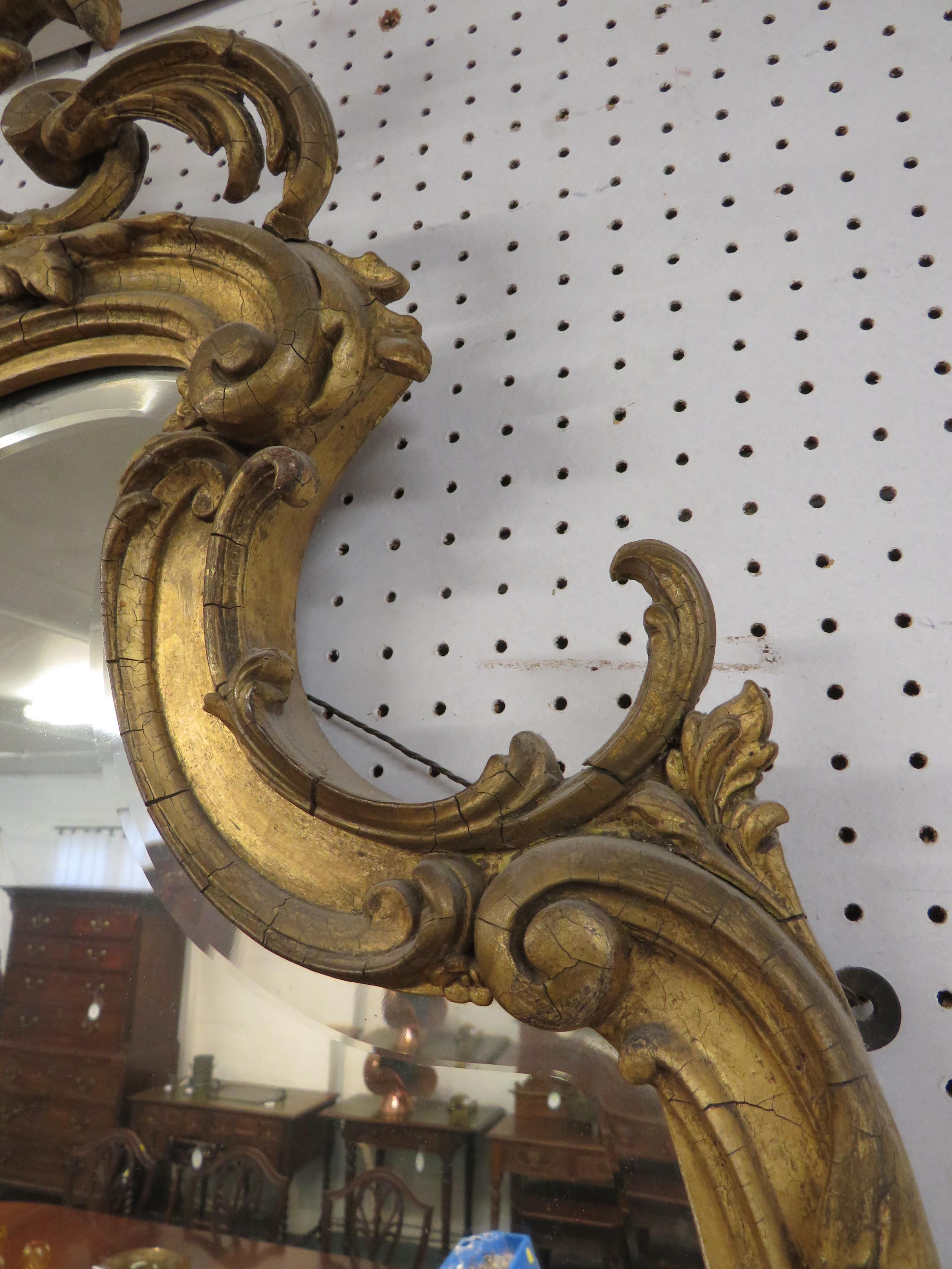 Gilt gesso cartouche mirror with bevelled glass, foliage and scrollwork to the frame and moulded - Image 3 of 4