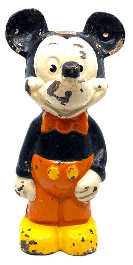 Cast iron figural door stop as Mickey Mouse standing, cold painted, yellow shoes, orange trousers