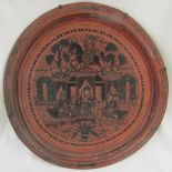 Red and black lacquer circular dish illustrated with dignitaries in temple and mounted warrior,