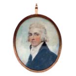 Painted oval miniature, head and shoulders portrait of 18th century gentleman in green velvet