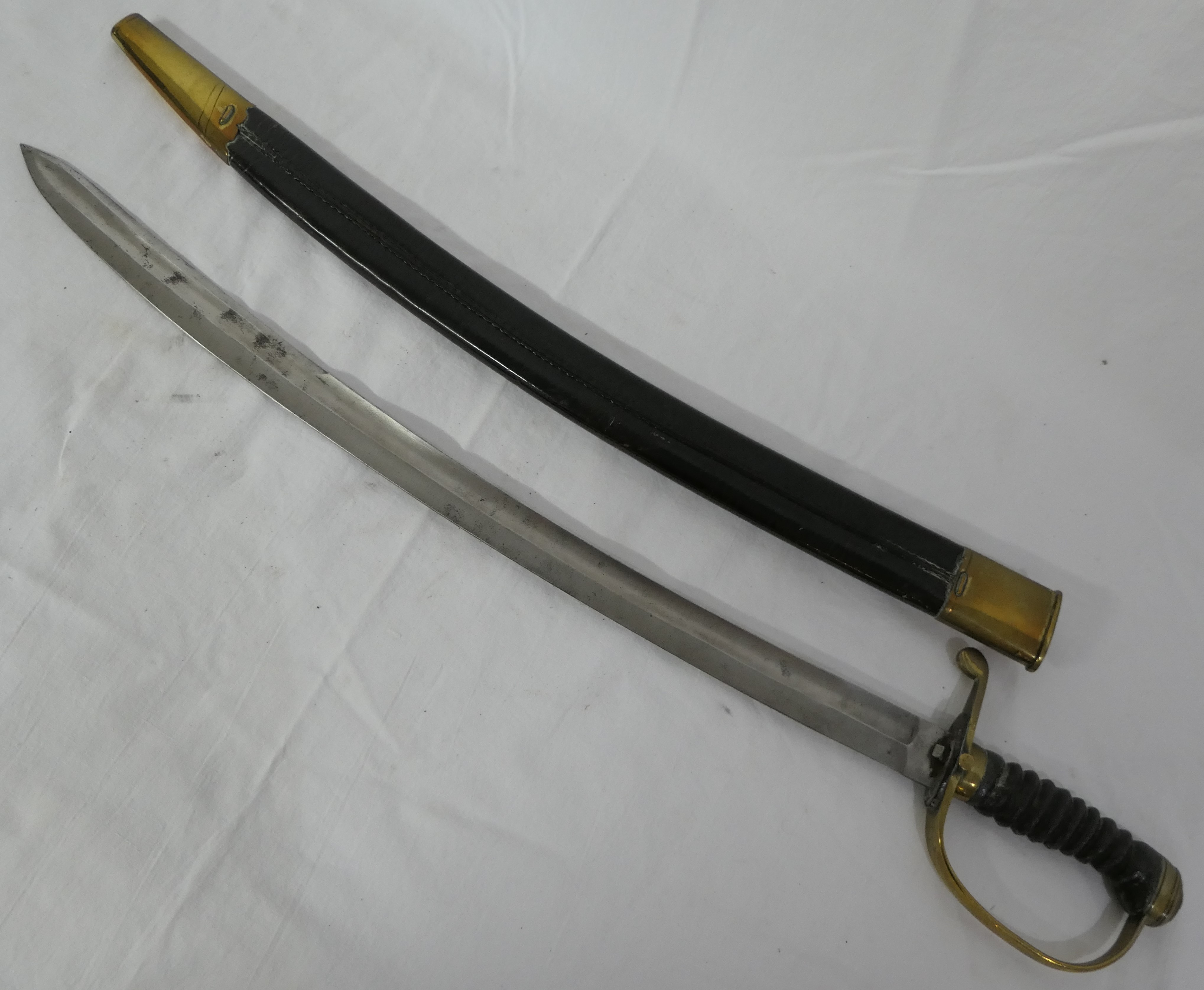 Early Victorian sword with curved fullered blade, fish skin grip and brass hilt, brass mounted - Image 2 of 9