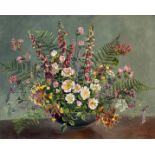 'Forest flowers', still life, oil on canvas, signed M England lower right, (39.5 x 49.5cm), in a
