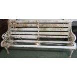 Garden bench with Coalbrookdale cast iron ends, painted white, some remaining wooden slats, requires