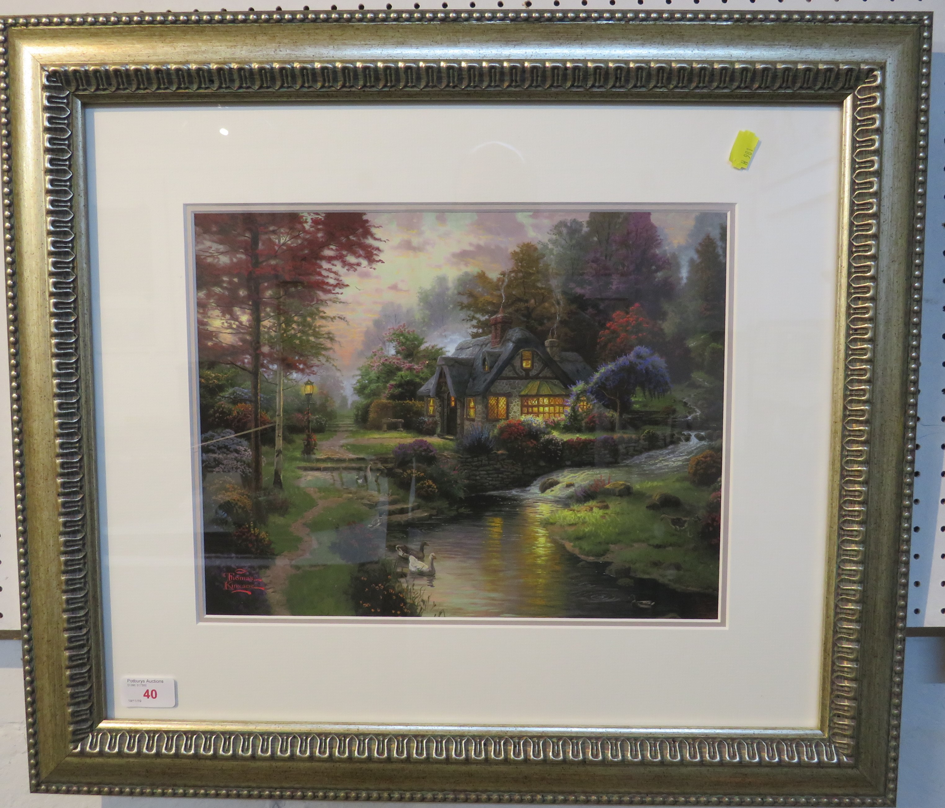 After Thomas Kinkade (1958-2012) - reproduction print of cottage and stream with swans, (27cm x - Image 2 of 2