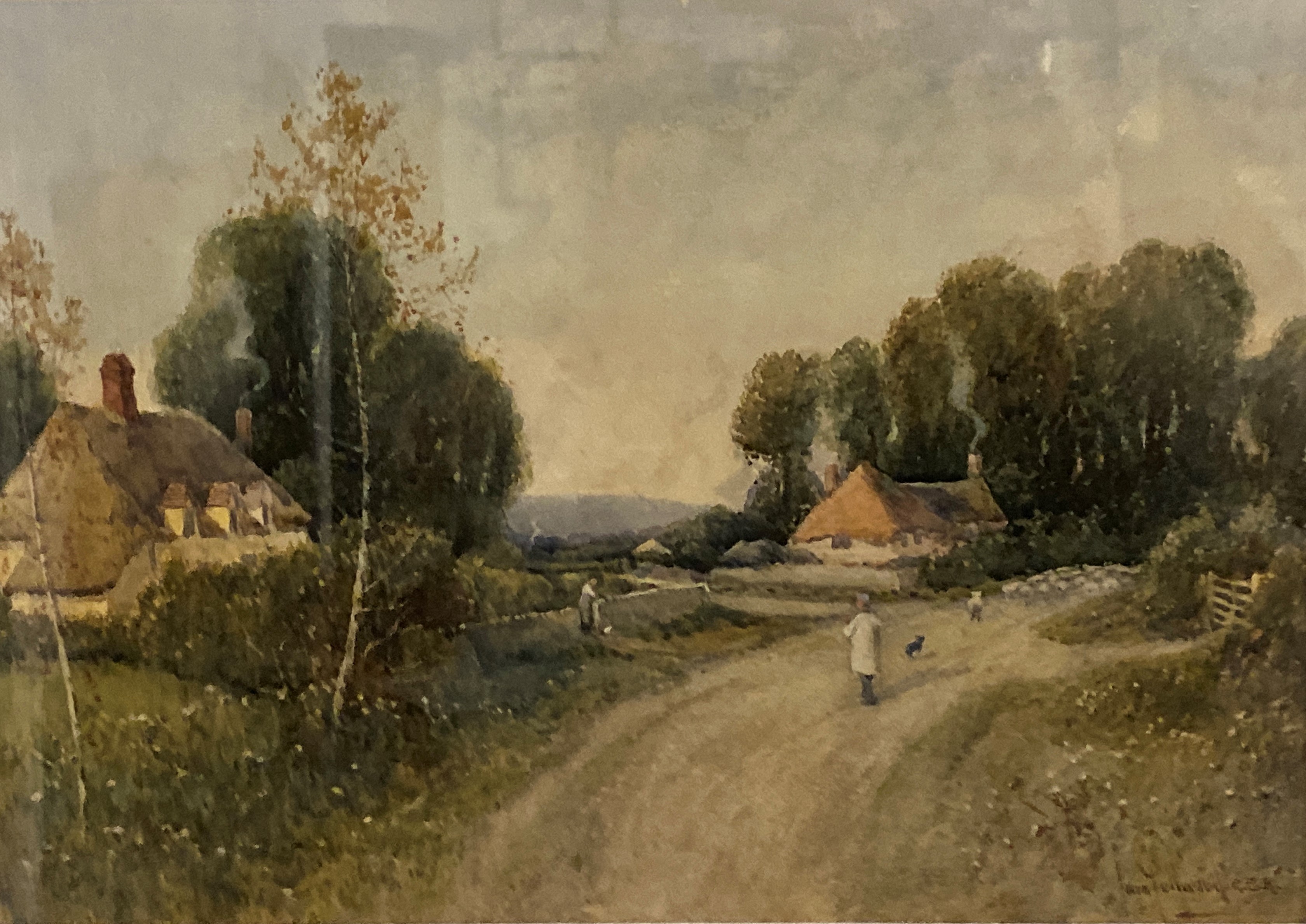 John Fullwood R.B.A. - shepherd and sheep on country lane near cottages, watercolour, (25cm x 36cm),