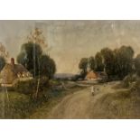 John Fullwood R.B.A. - shepherd and sheep on country lane near cottages, watercolour, (25cm x 36cm),