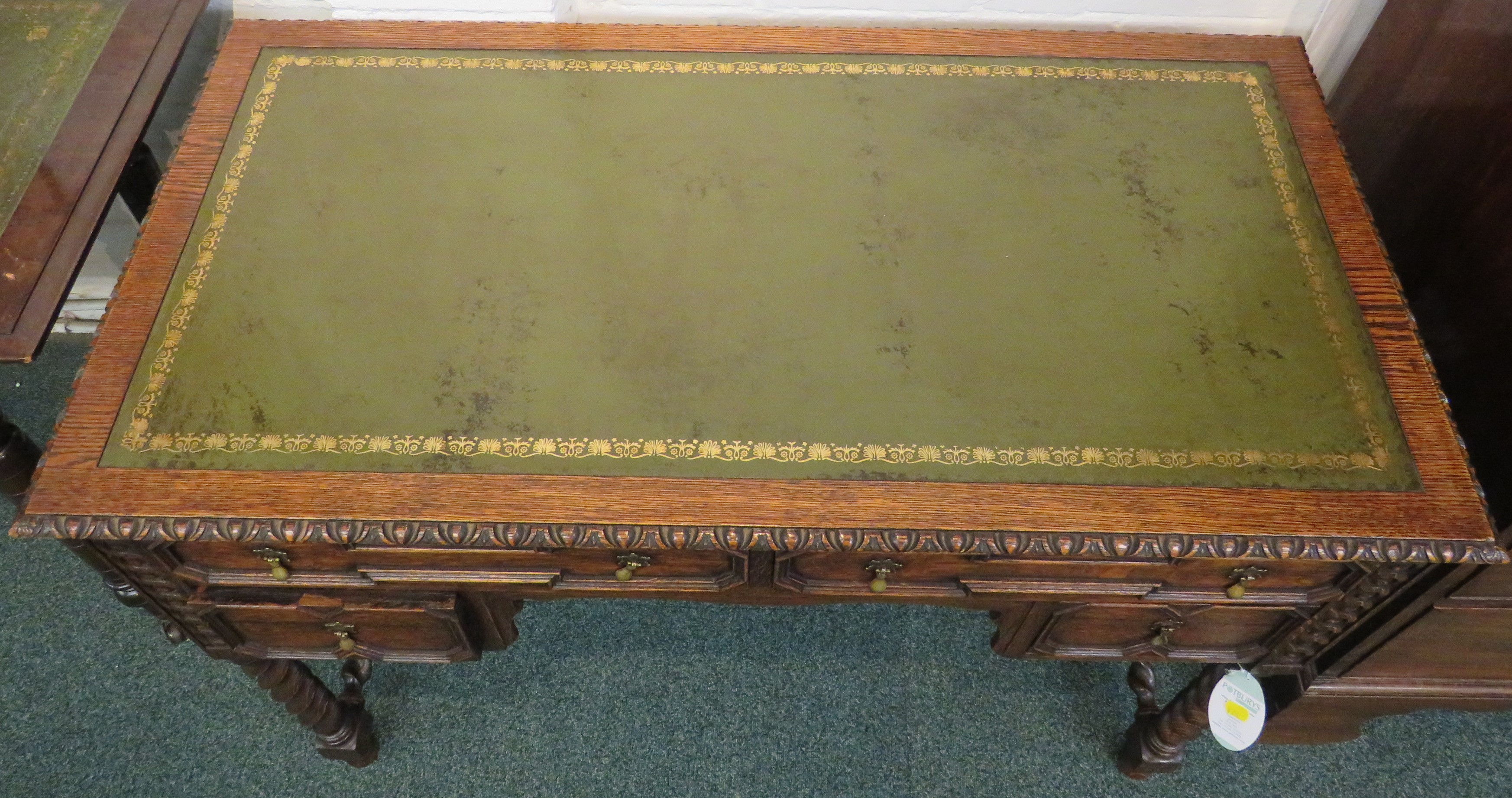 Oak desk on spiral turned legs and stretcher, the top with green leather scriber with embossed - Image 3 of 7